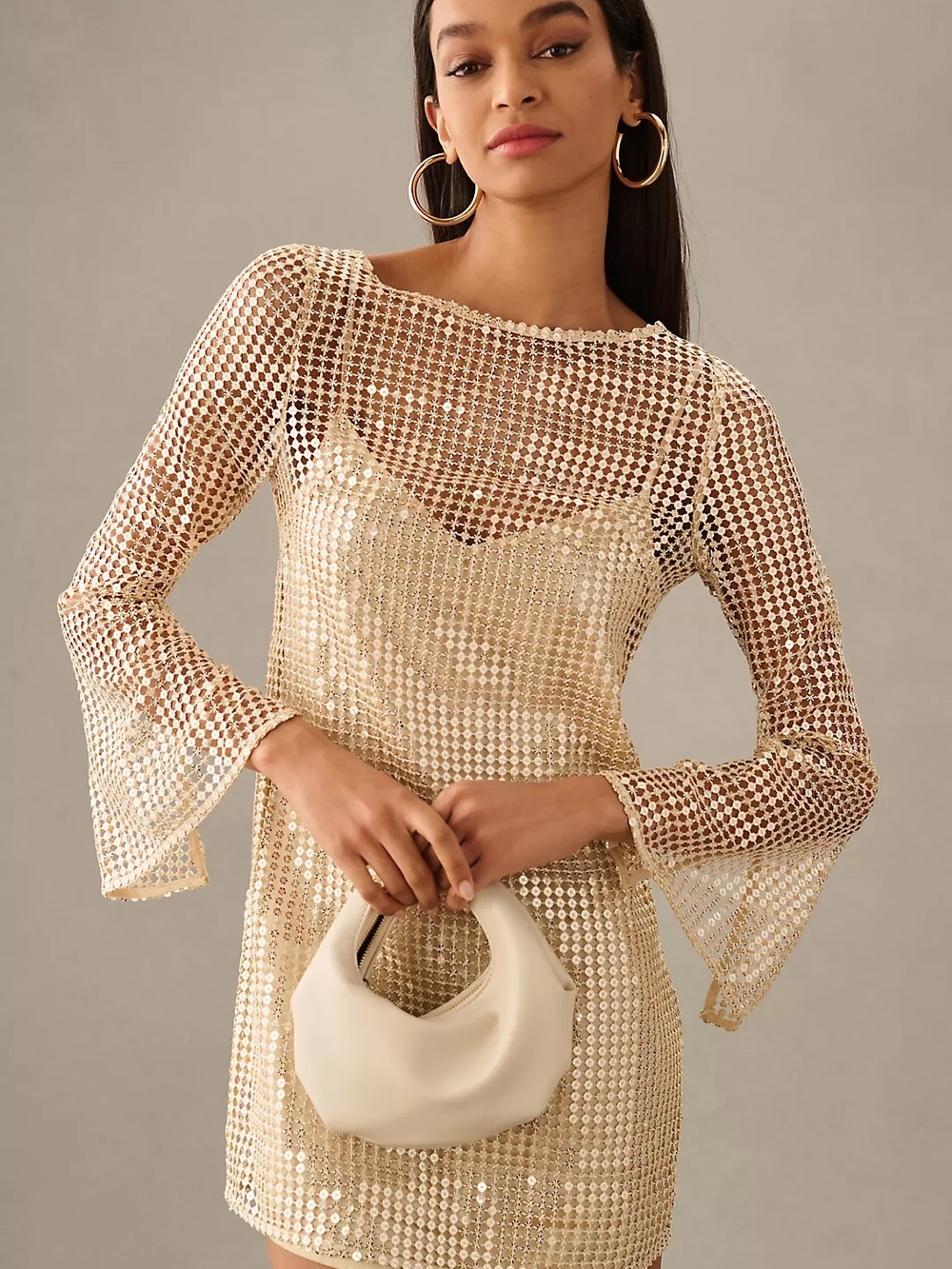 Anthropologie Metallic Gold Crochet Mini Dress - Picture 2 of 7